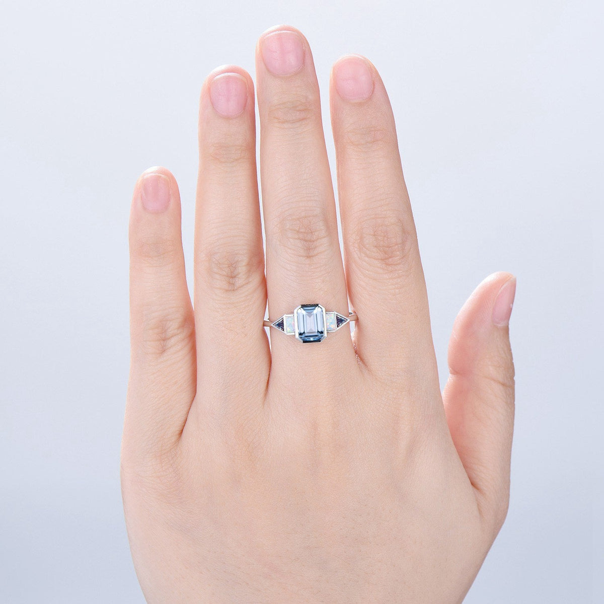 Bezel Set Emerald Cut Aquamarine Engagement Ring Five Stone Baguette Opal & Trillian Alexandrite Wedding Band