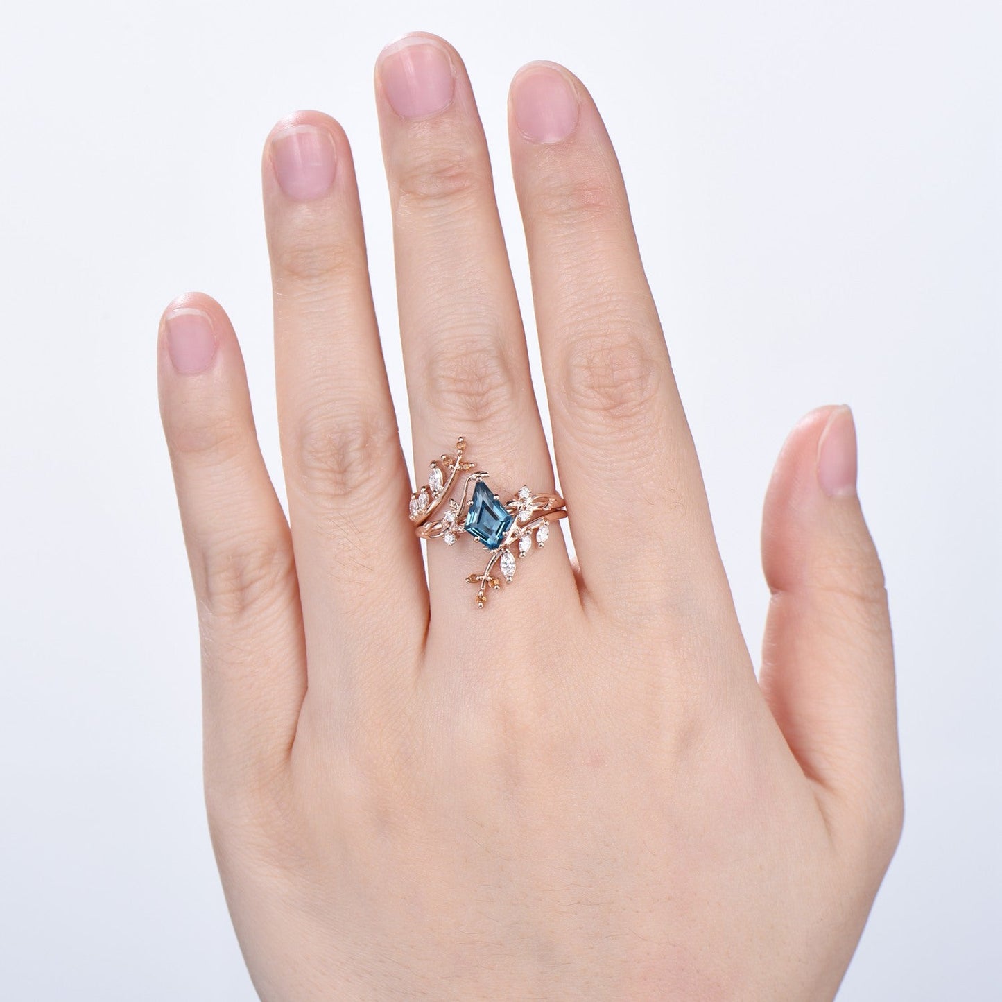 Unique gothic kite cut London blue topaz engagement ring set cluster diamond engagement ring leaf vine nature inspired citrine wedding set