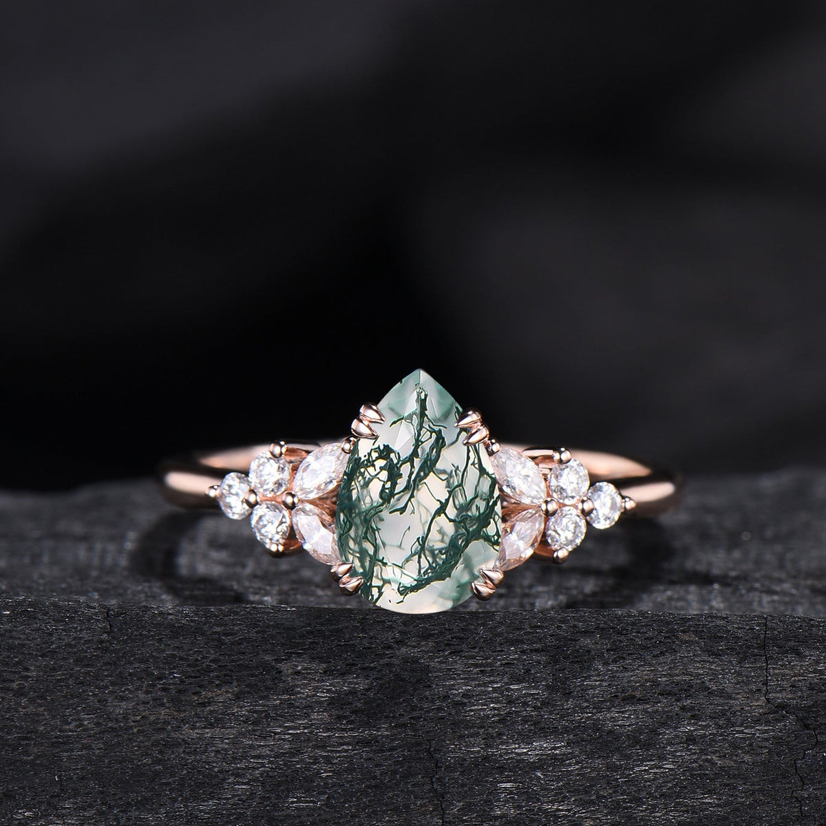 vintage pear shaped moss agate engagement ring floral 6x9mm green agate moissanite wedding set art deco leaf vine alexandrite stacking band