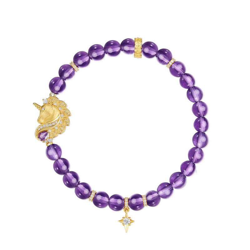 Handcrafted Brushed Gold Unicorn Bracelet Plated Amethyst Beaded Jewelry