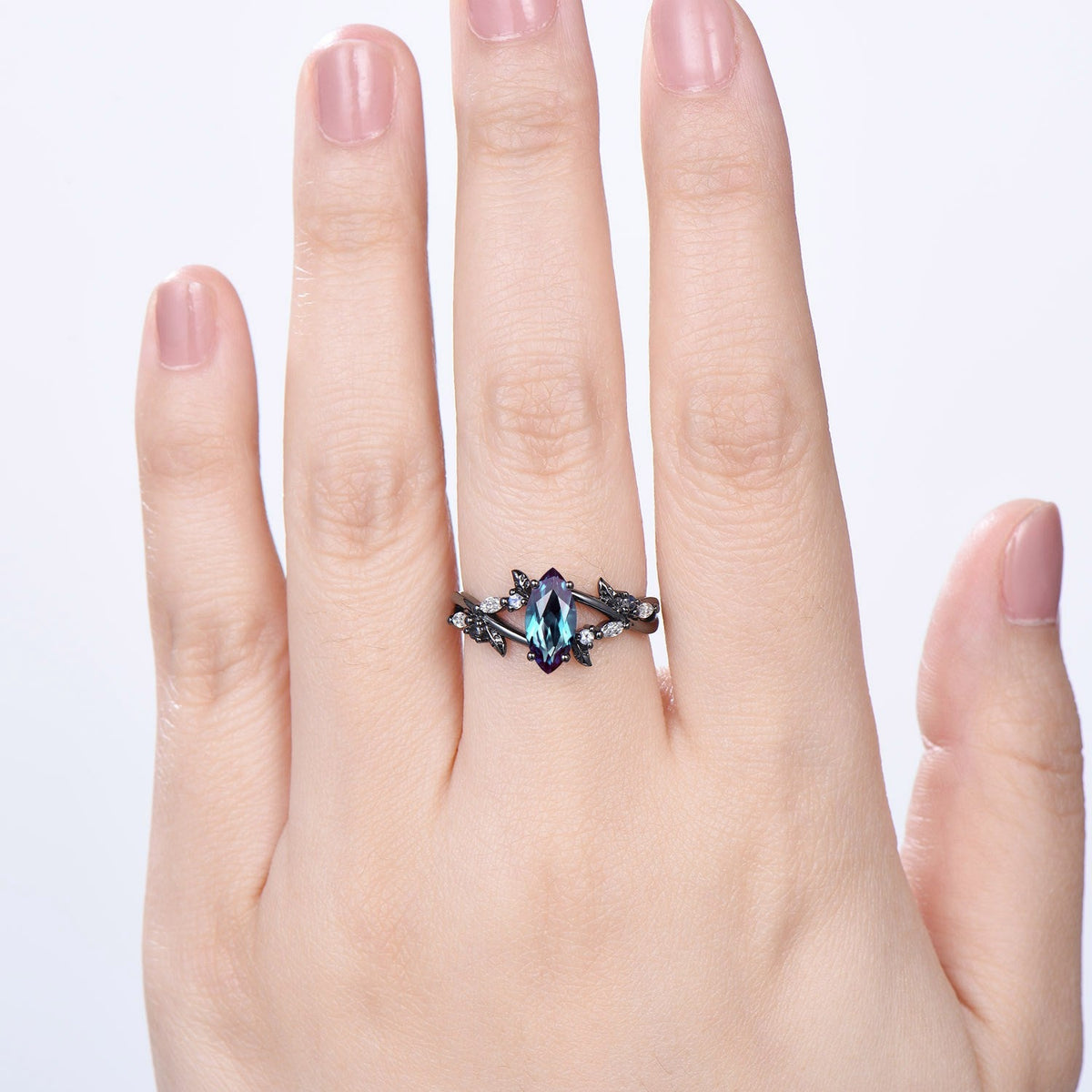 Marquise Cut Alexandrite Engagement Ring Gothic Black Gold Moonstone Cluster Leaves Ring