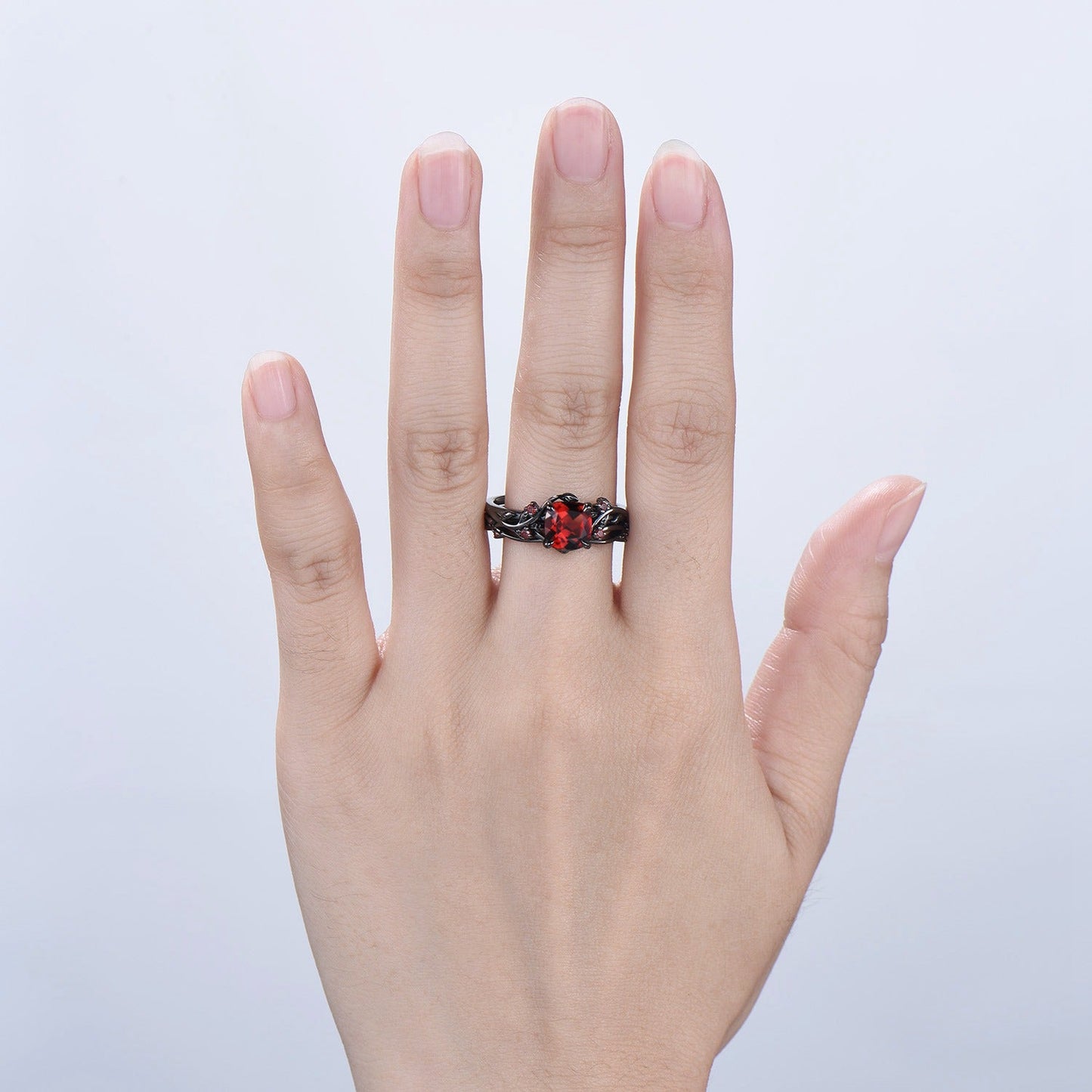Unique gothic cushion cut garnet wedding ring set black gold natural inspired January birthstone engagement ring for women 2pcs bridal set