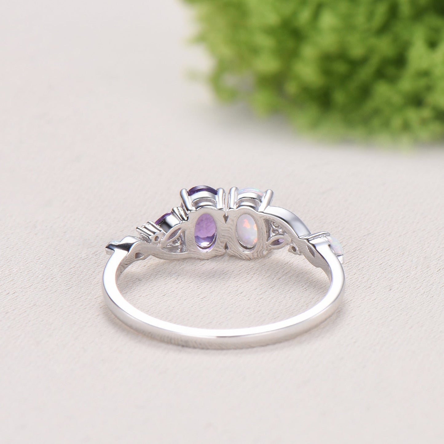 Toi et Moi Opal and Amethyst Engagement Ring | Two Stone Vine Band