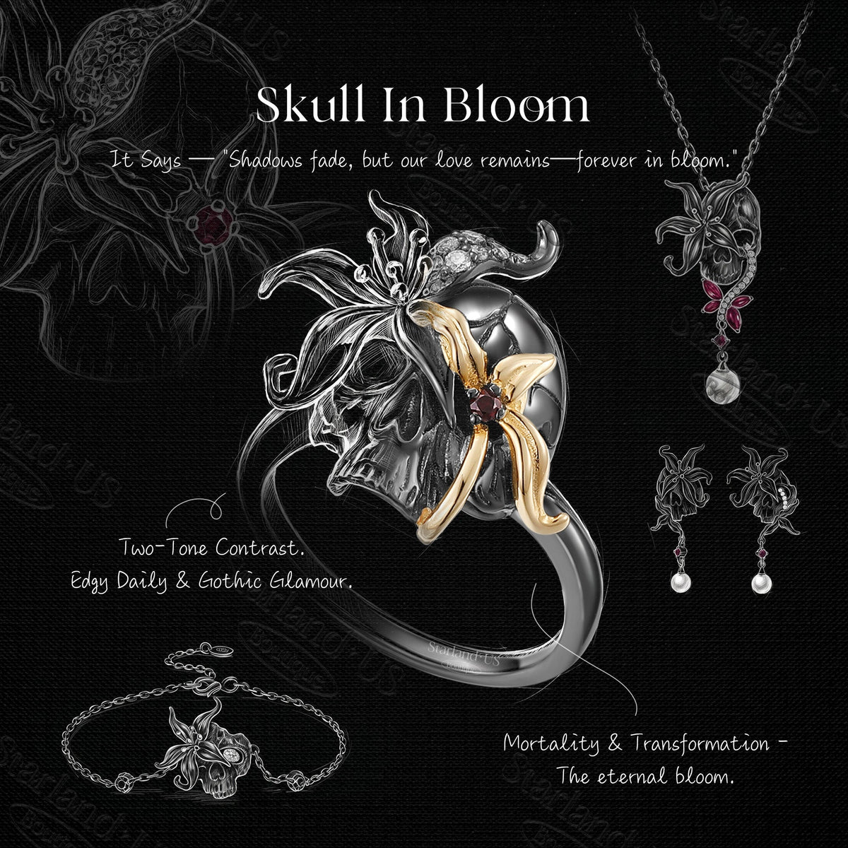 Unique Gothic Style Flower Inspired Skull & Skeleton Two-Tone Halloween Jewelry Set - The Crying Skull Collection