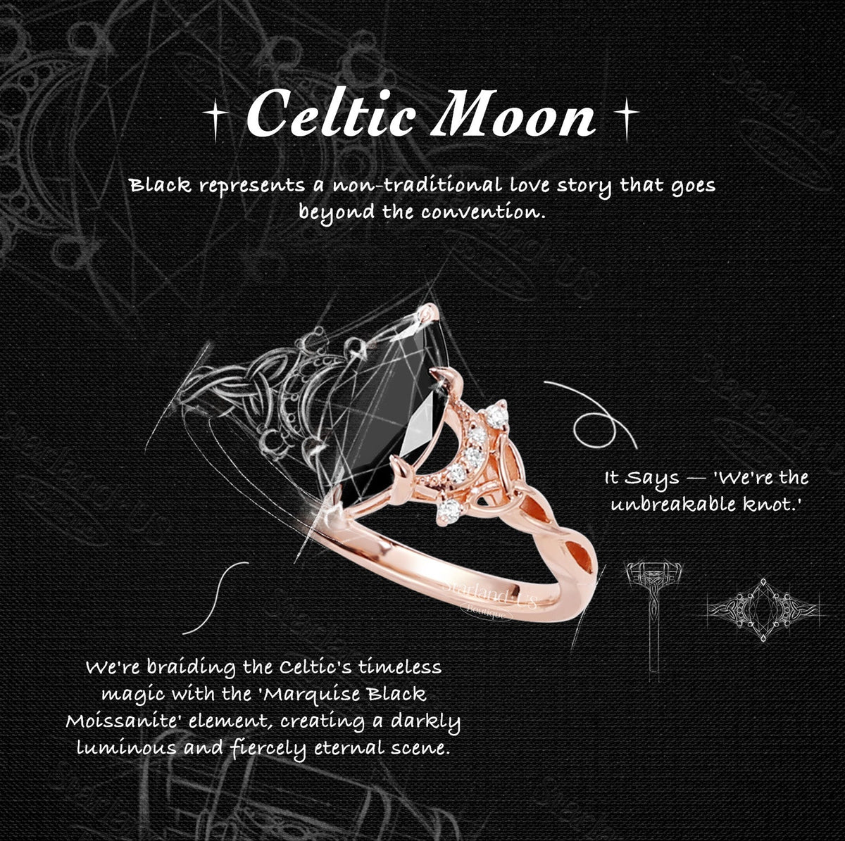 Celtic Moon - Marquise Black Moissanite Twist Engagement Ring