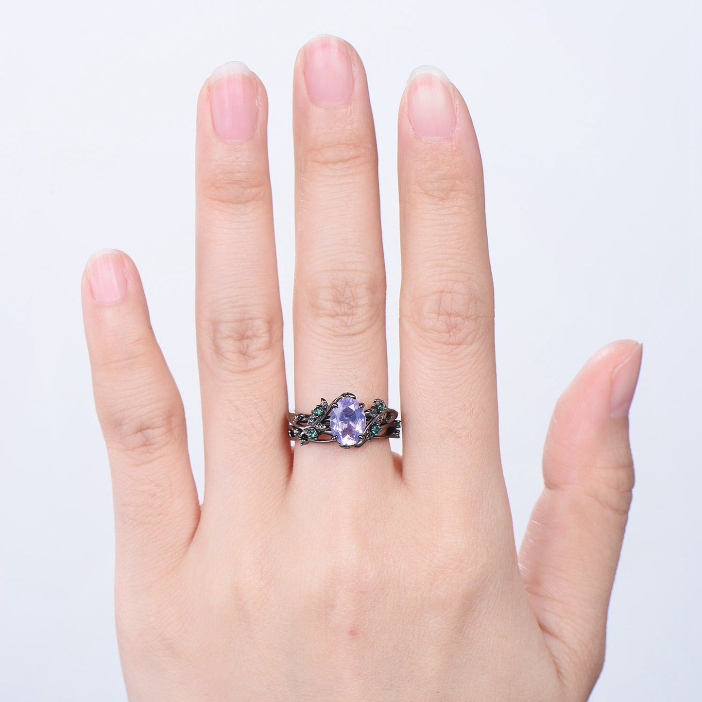 Gothic Oval Lavender Amethyst & Emerald Engagement Ring in Black Gold - Nature Inspired Elvish Vine Band