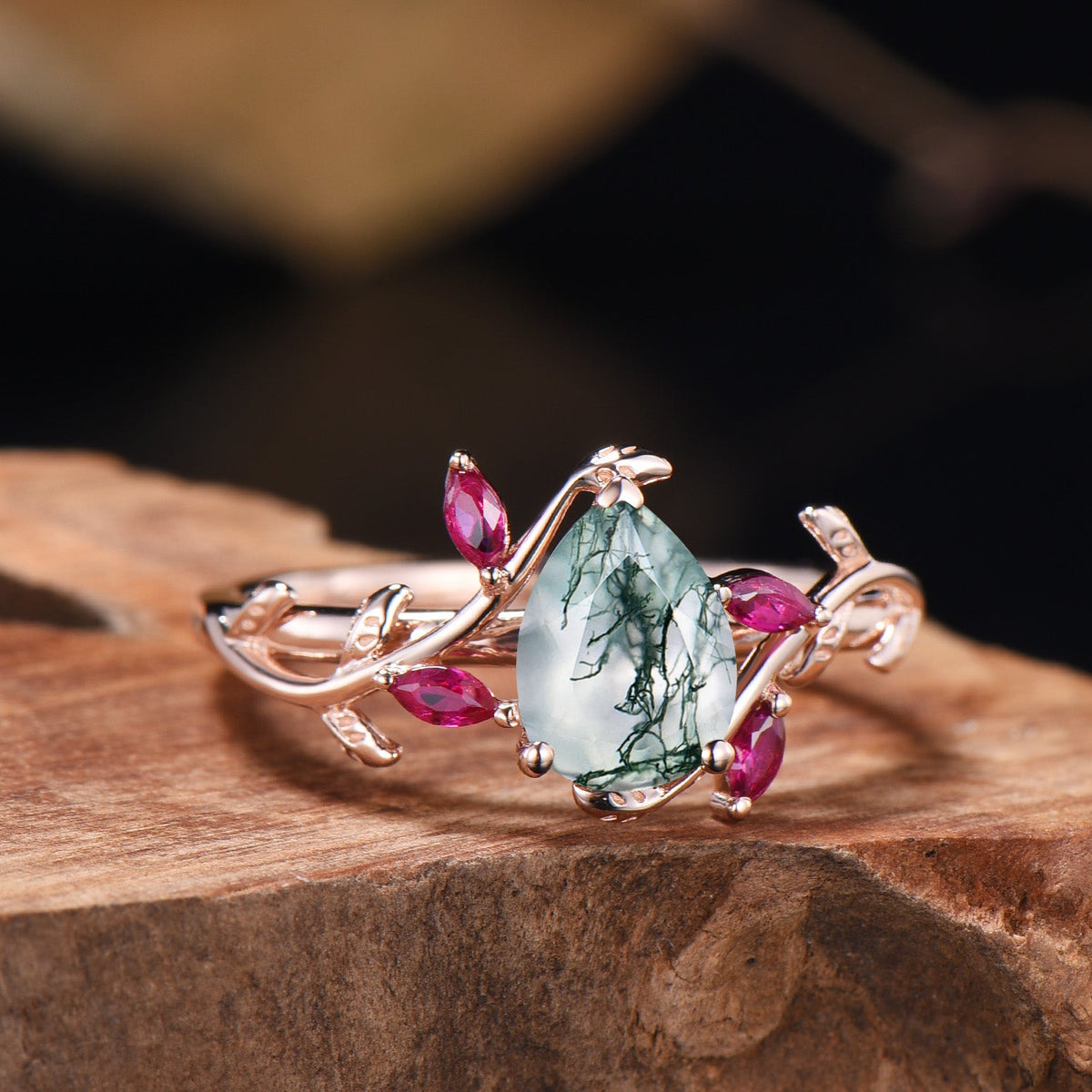 Nature Inspired Moss Agate Ring Leaf Marquise Cut Ruby Ring