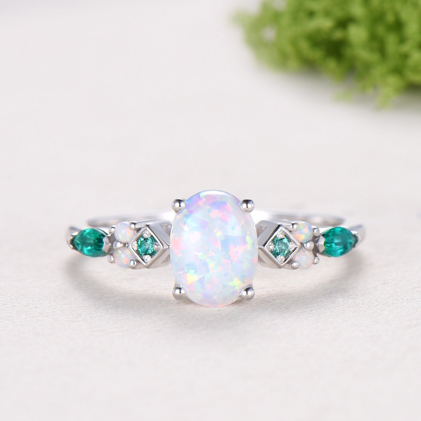 Vintage White Opal Engagement Ring Cluster Emerald Fire Opal Wedding Ring October Birthstone Bridal Ring Rose Gold Anniversary Ring Women