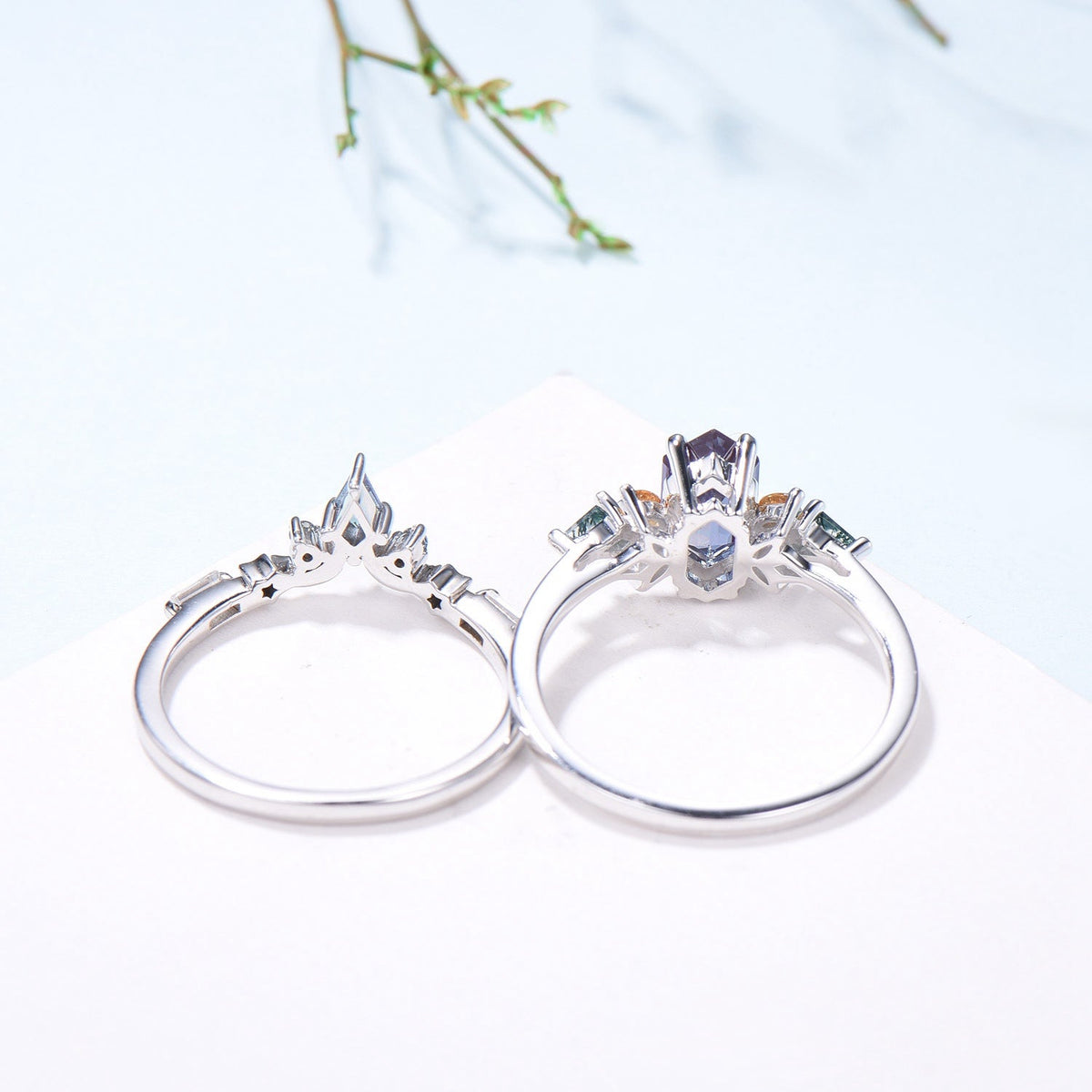 Vintage Elongated Hexagon Alexandrite Bridal Set with Citrine Moss Agate Cluster