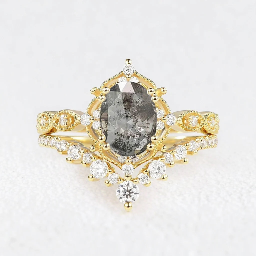 Charlotte’s Grace | 1.5CT Oval Salt & Pepper Diamond Vintage Bridal Set 2pcs