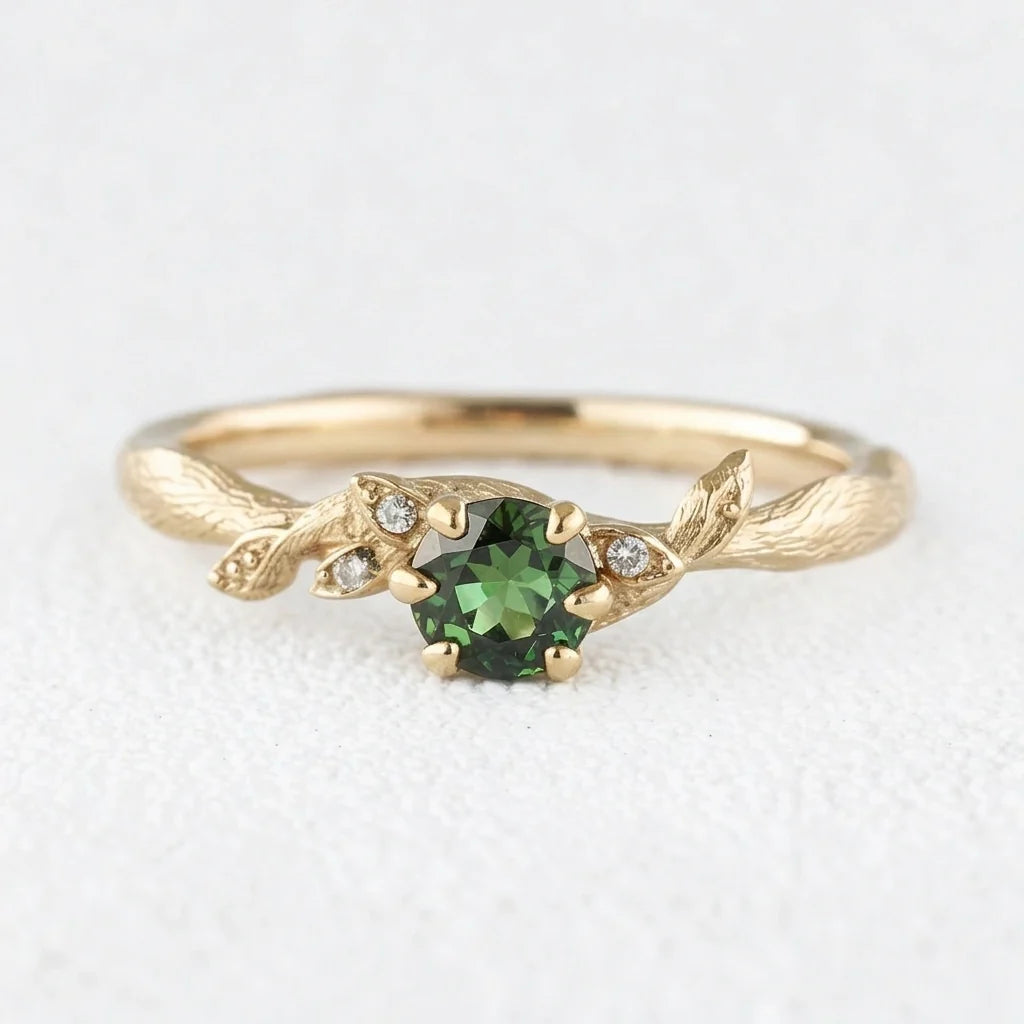Fairy Glen | Teal Sapphire Engagement Ring with Leaf Band