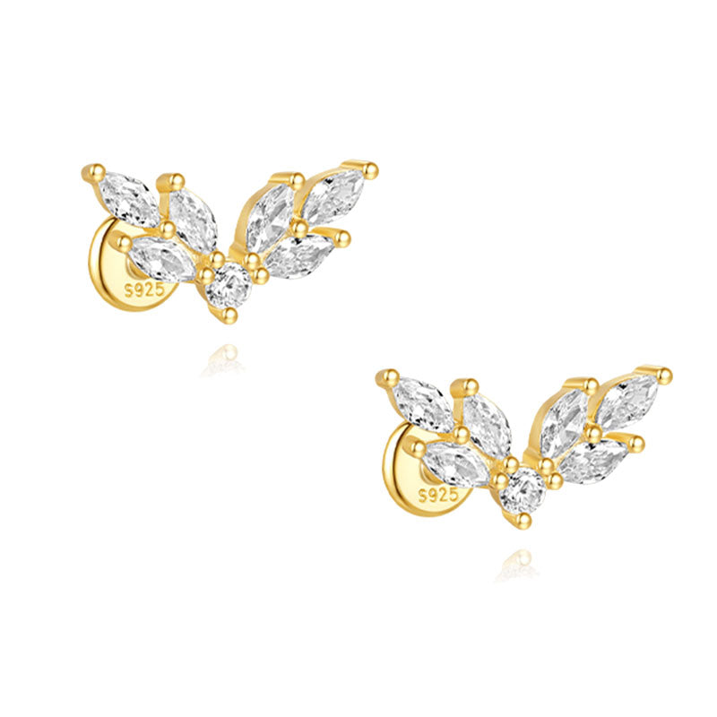 S925 Sterling Silver Gold Plated Butterfly Marquise CZ Flat Back Cartilage Earring