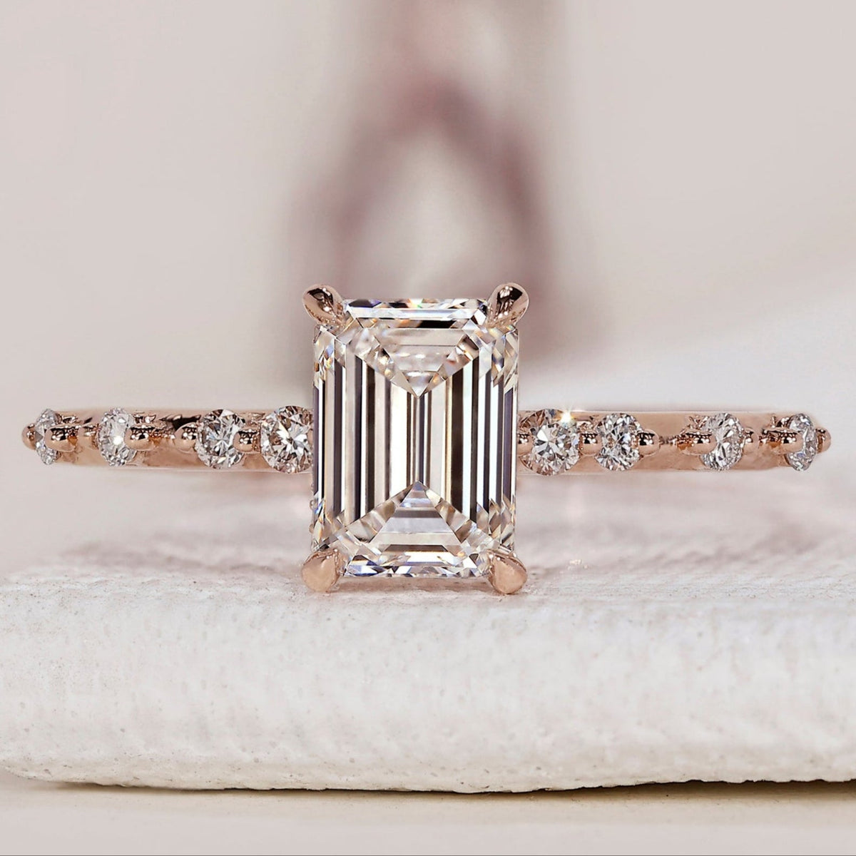 Emerald Cut Engagement Ring With Distance Pave Band