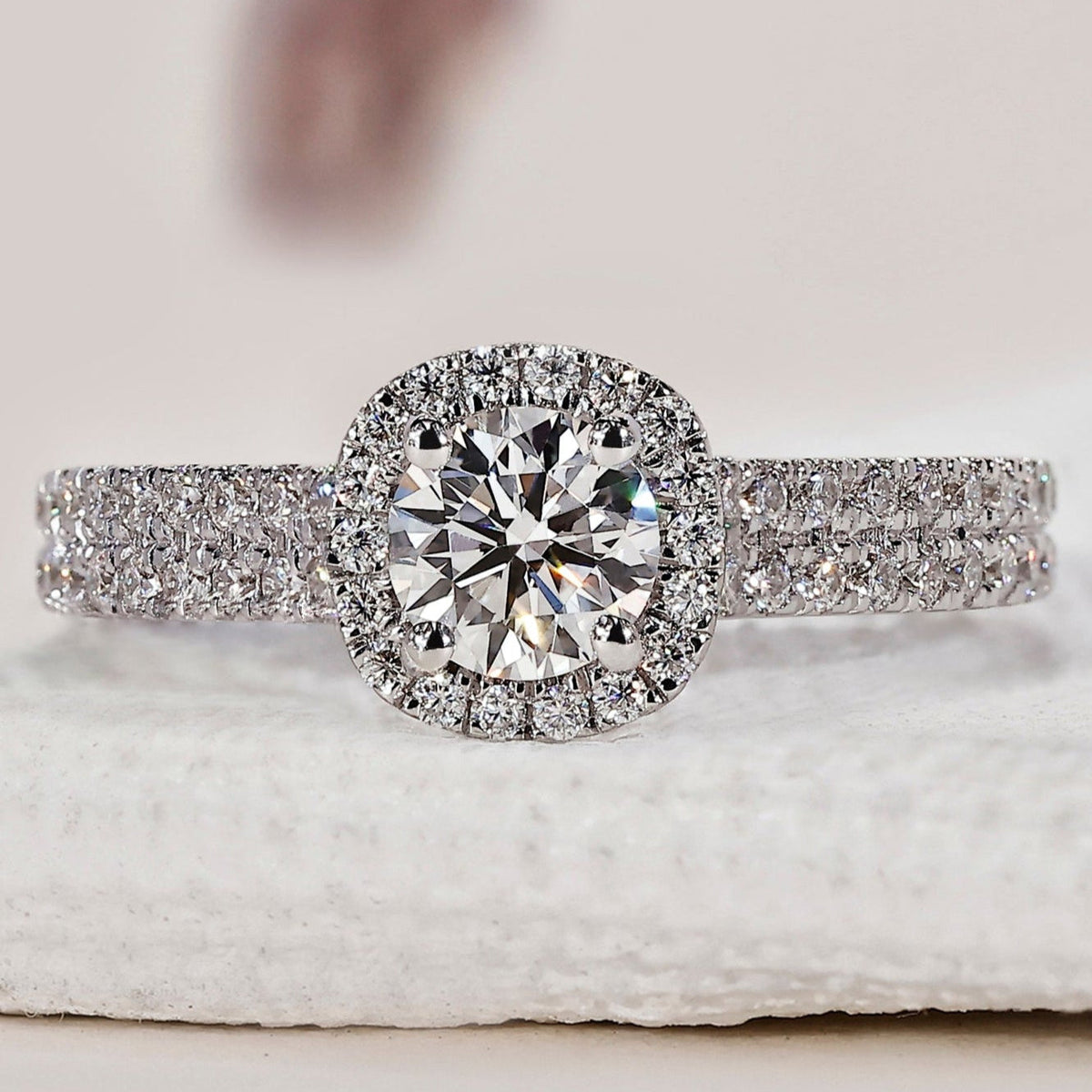 Round Diamond Double Row Pave Engagement Ring