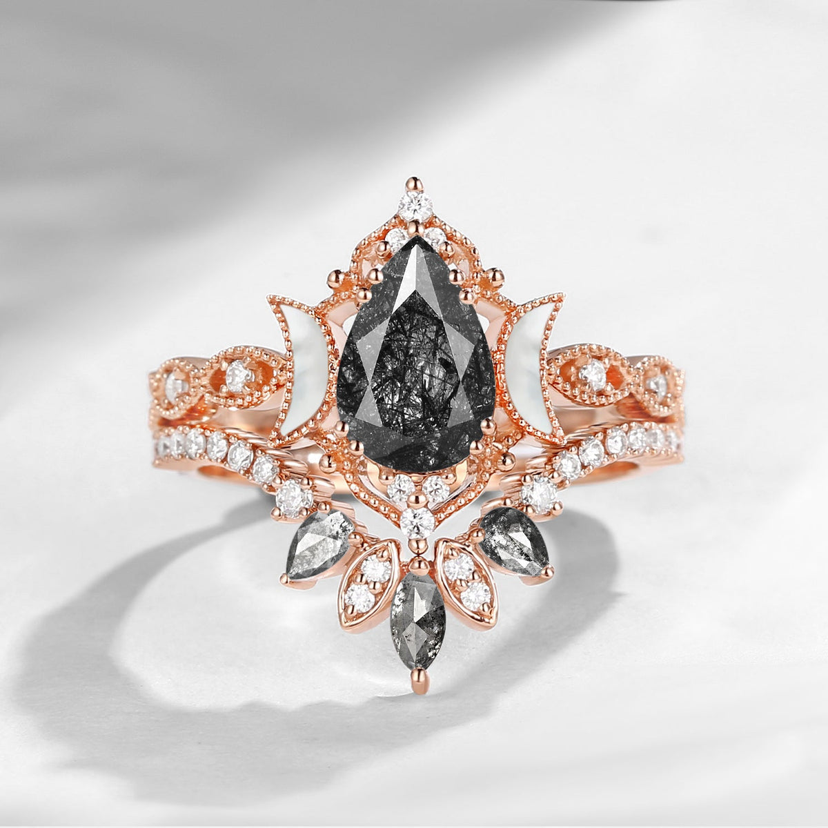 Crescent Moon | Pear Black Rutilated Quartz & Mother of Pearl Moon 'Ultra Galaxy' Engagement Ring Set 2pcs