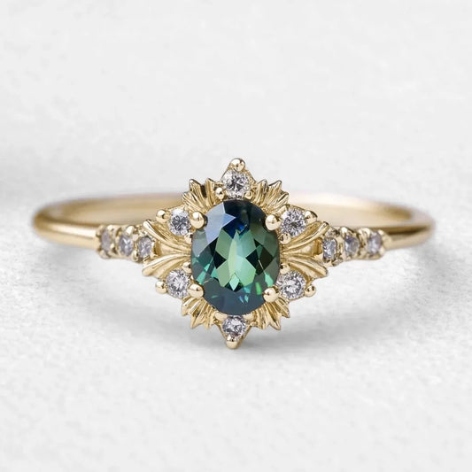 Rosalind‘s Bloom | Oval Cut Green Moissanite Halo Engagement Ring