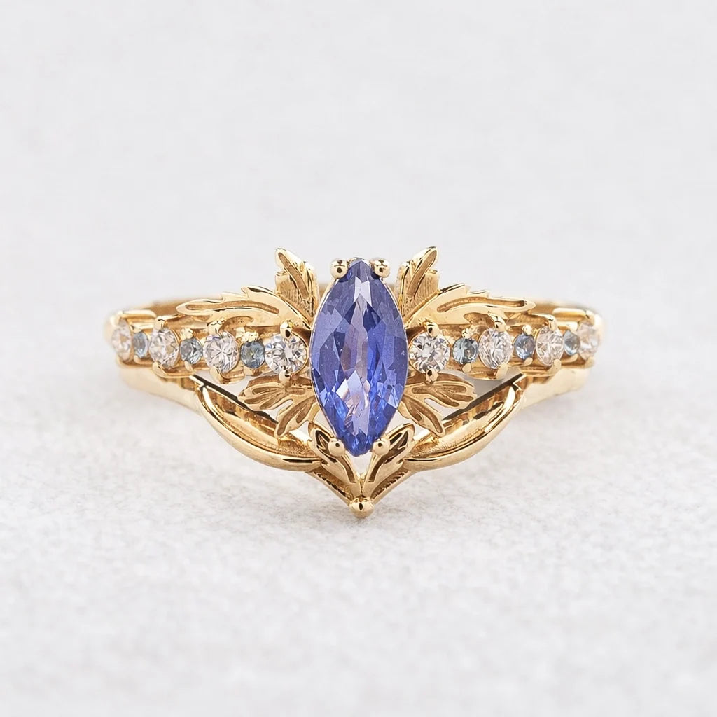 Aurora’s Fairy Wing | Marquise Natural Sapphire Vintage Bridal Set 2pcs