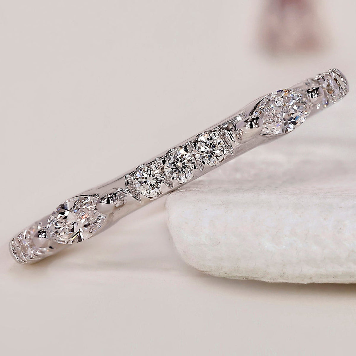 Round And Marquise Wedding Band In White Gold