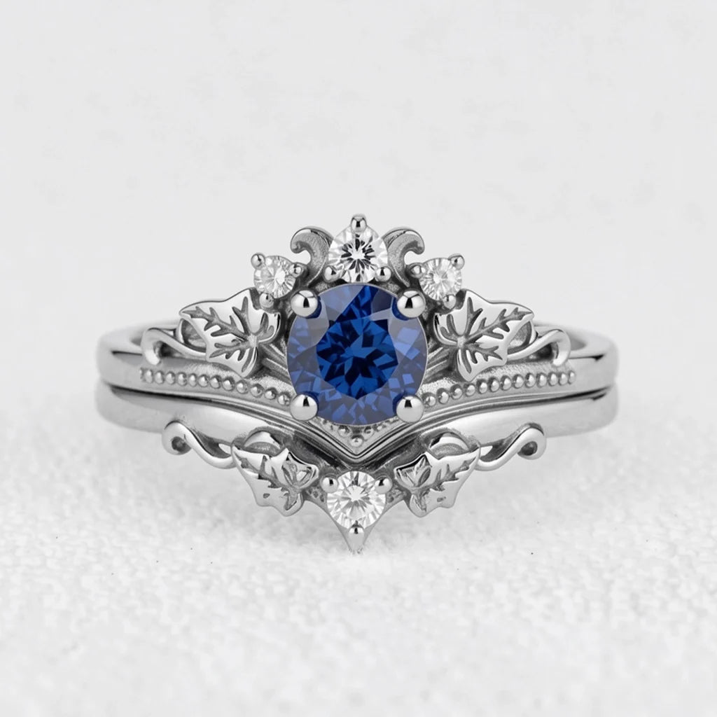 Ivy’s Wreath | Round Blue Sapphire & Diamond Vintage Bridal Set 2pcs