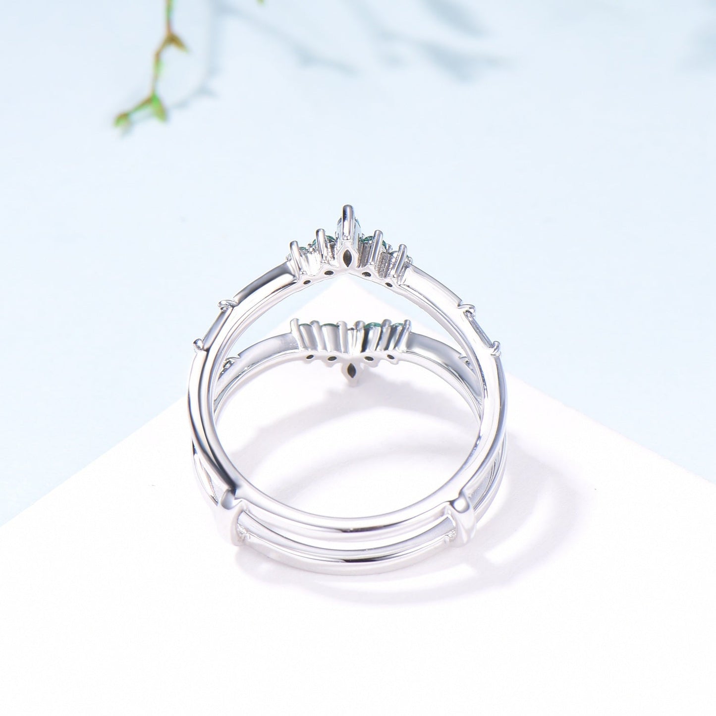 Double Curved Alexandrite Emerald Wedding Band Sterling Silver Contour Enhancer Stacking Marquise Baguette Matching Band Anniversary Gifts