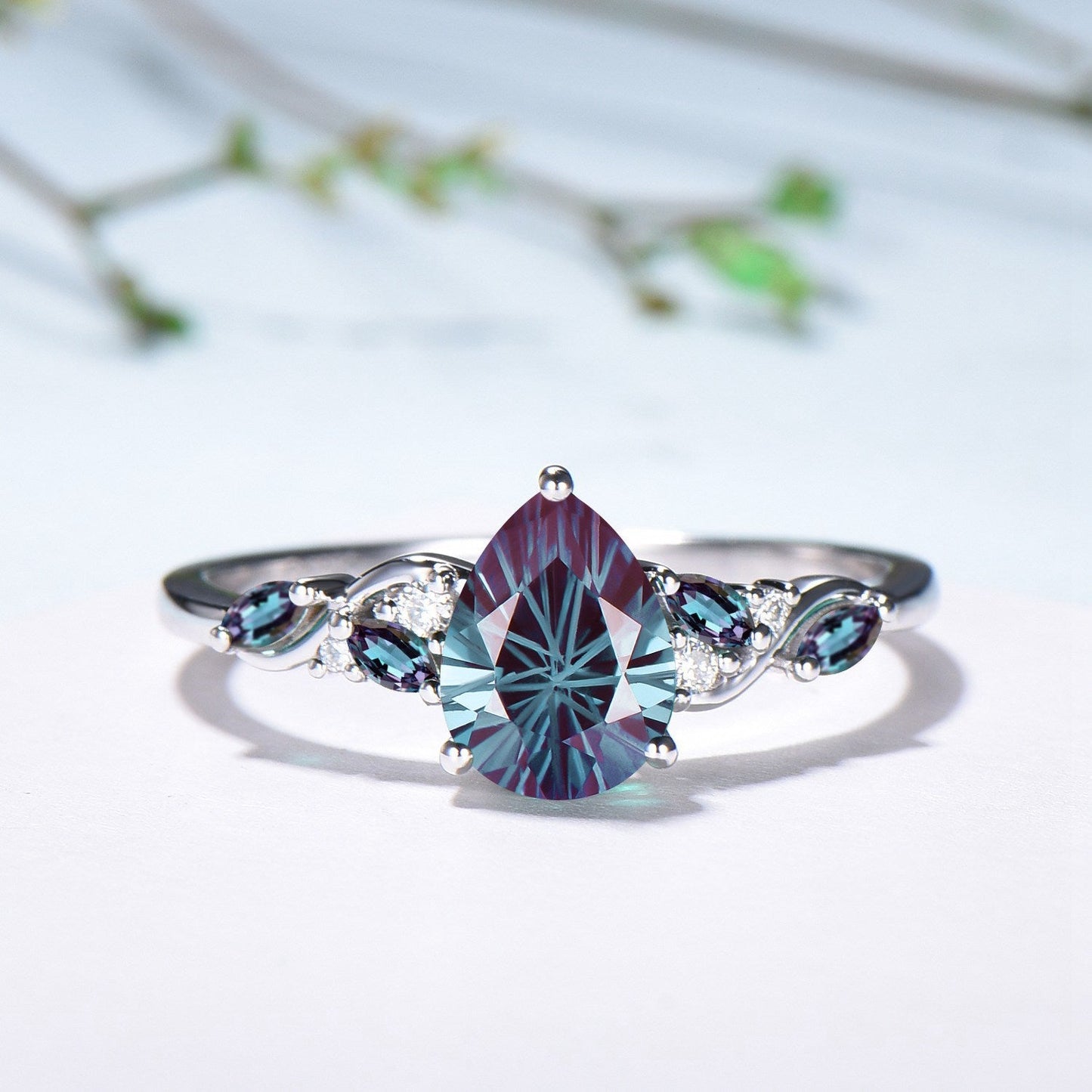 Nebula Teardrop Fireworks Cut Alexandrite Crown Engagement Ring Set: Moon Star Stacking Band