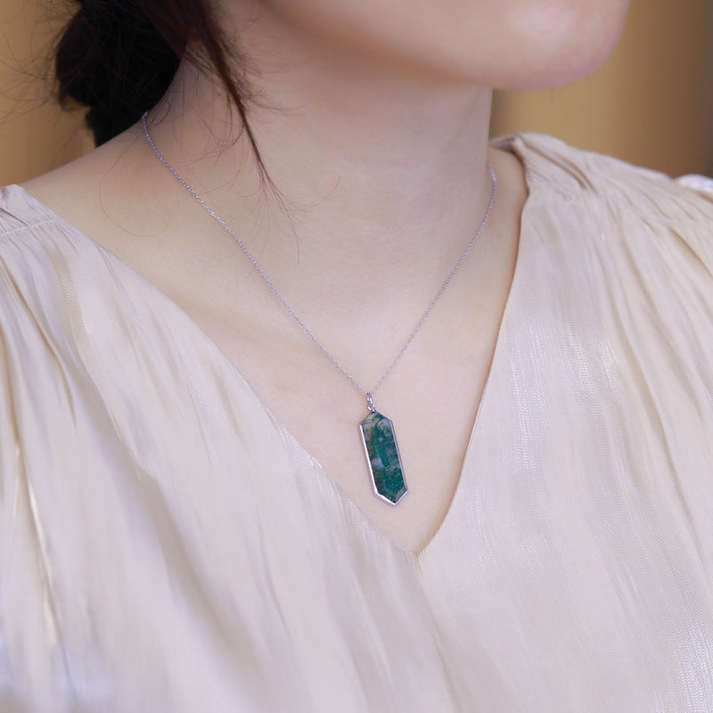Unique Natural Green Moss Stone Hexagon Pendant Necklace