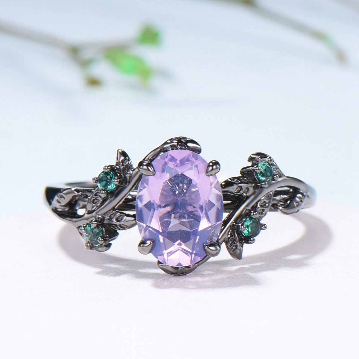 Gothic Oval Lavender Amethyst & Emerald Engagement Ring in Black Gold - Nature Inspired Elvish Vine Band