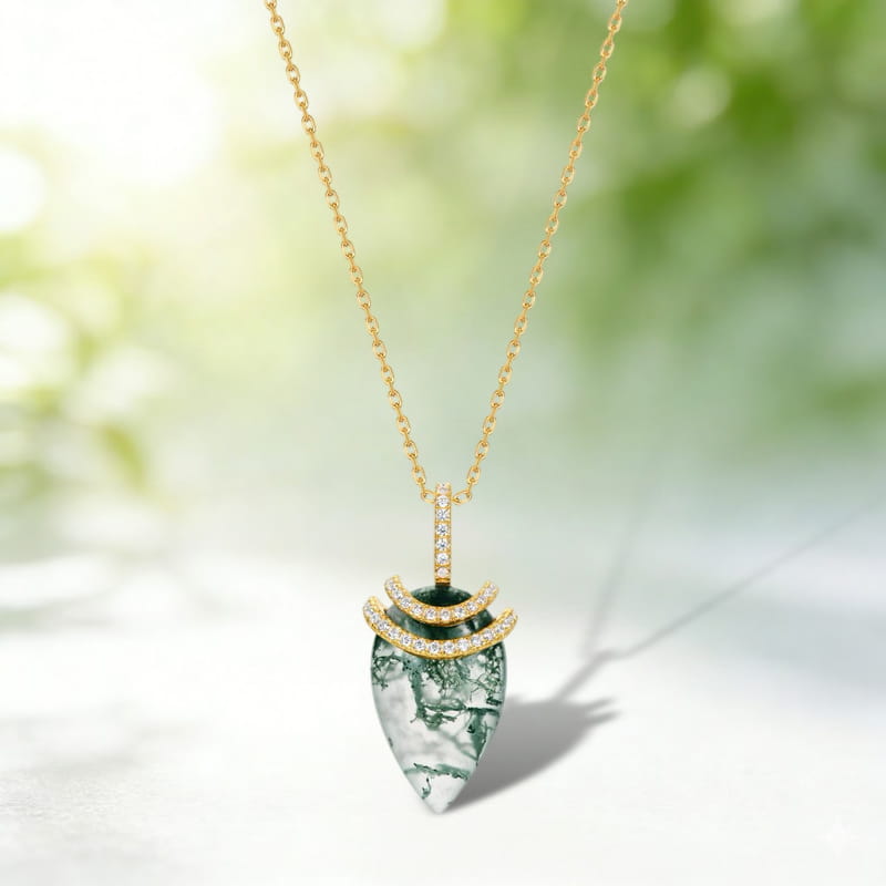 Forest Spirit Moss Agate Teardrop Necklace with Sparkling Pavé Crescent Accents