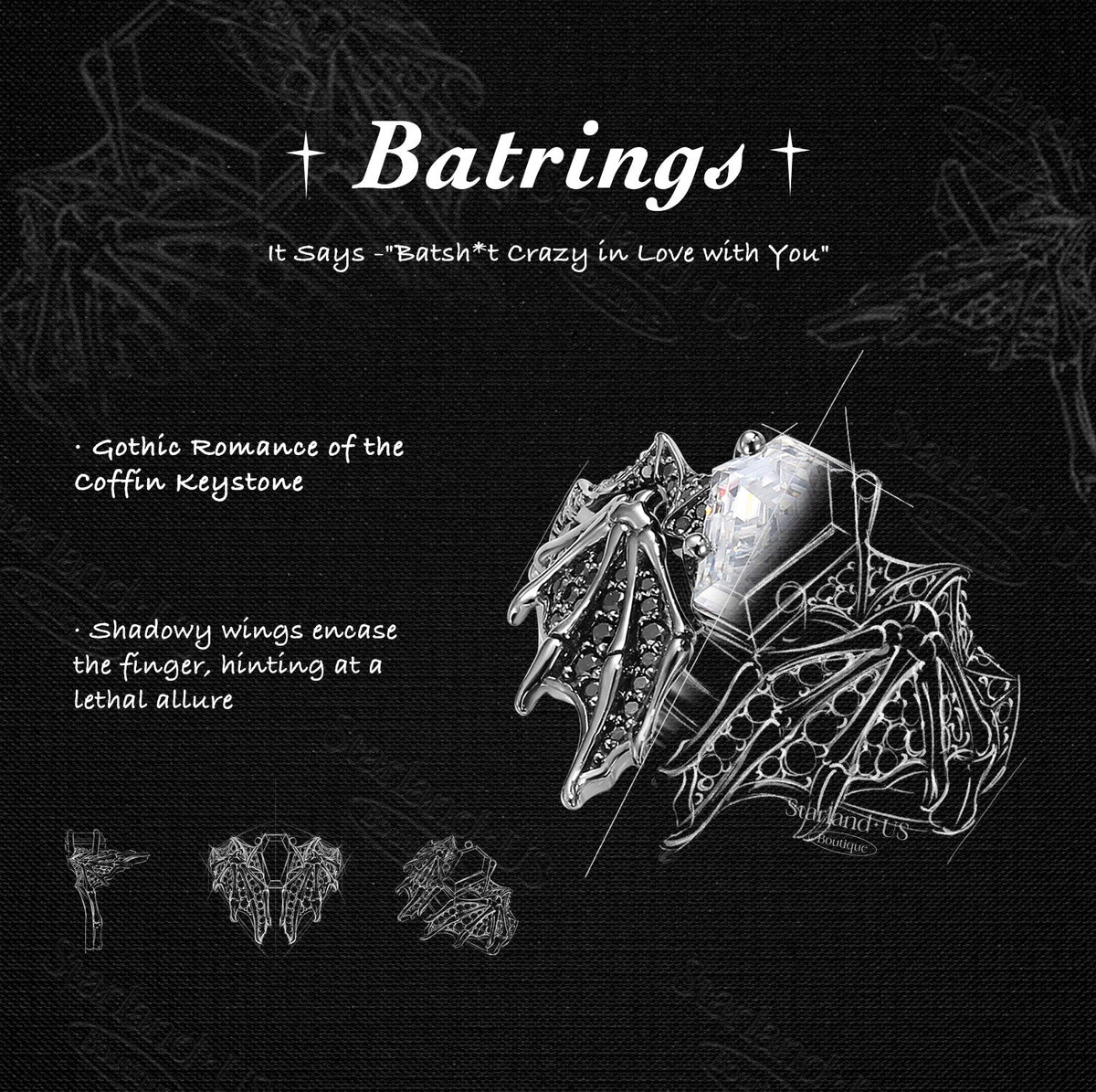 Non-Traditional Coffin Natural Opal Vampire Ring Bridal Set 2pcs - Bat Ring