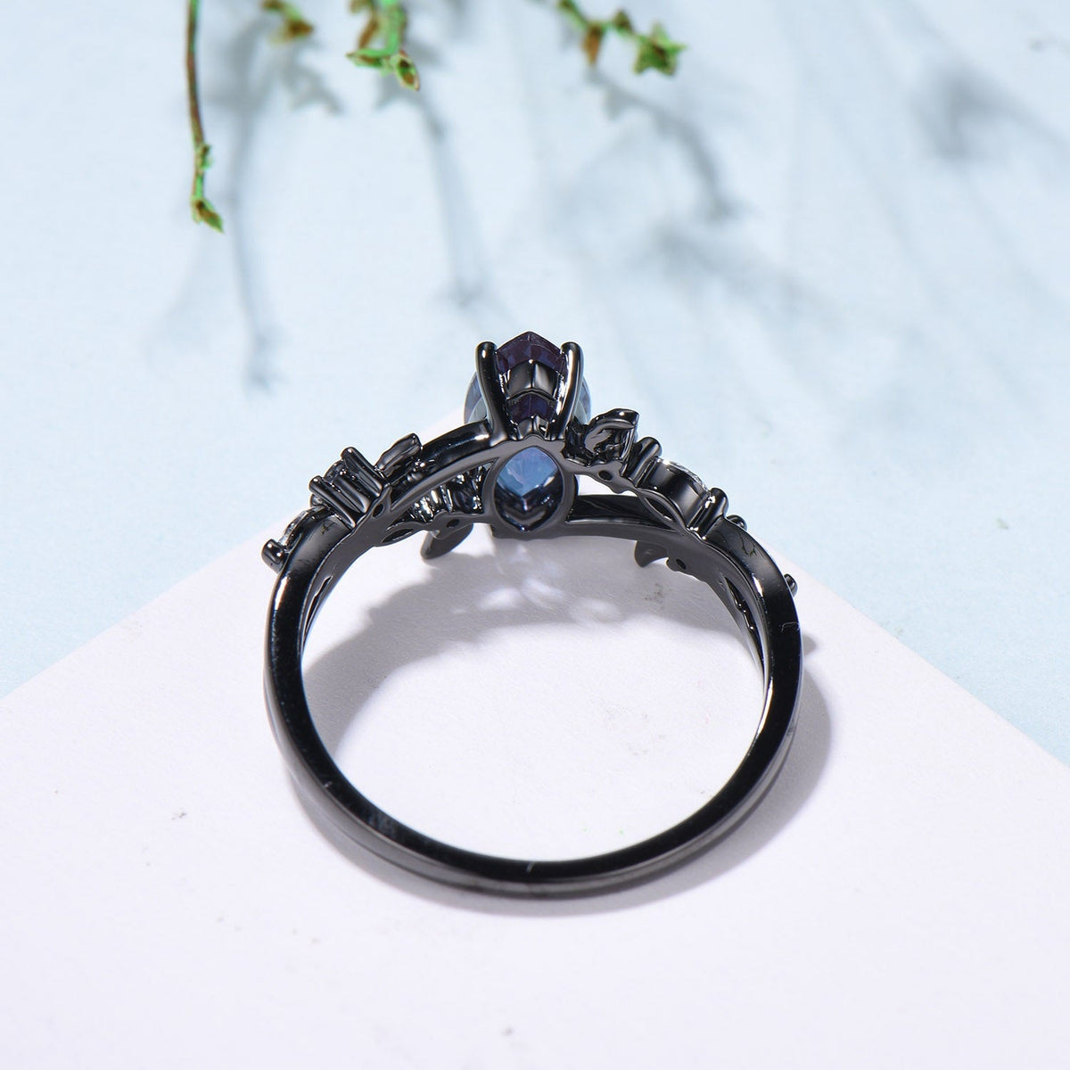 Marquise Cut Alexandrite Engagement Ring Gothic Black Gold Moonstone Cluster Leaves Ring