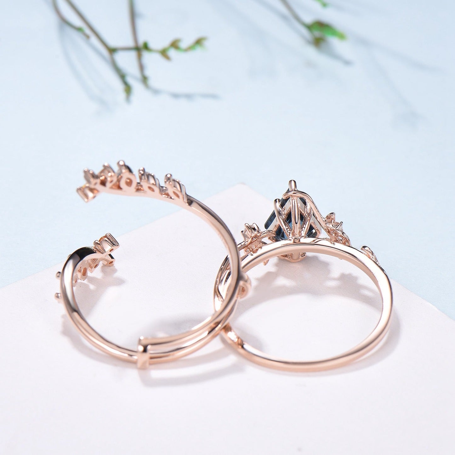 Unique gothic kite cut London blue topaz engagement ring set cluster diamond engagement ring leaf vine nature inspired citrine wedding set