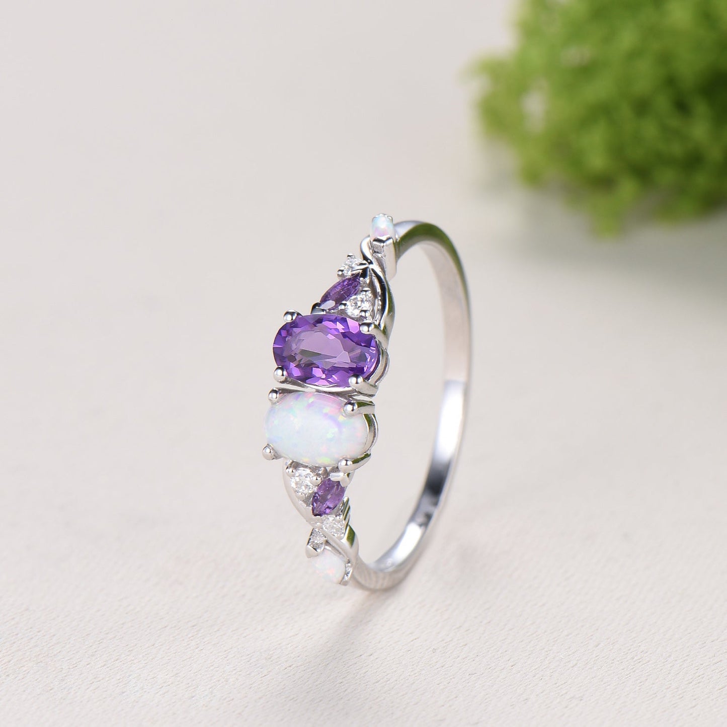 Toi et Moi Opal and Amethyst Engagement Ring | Two Stone Vine Band