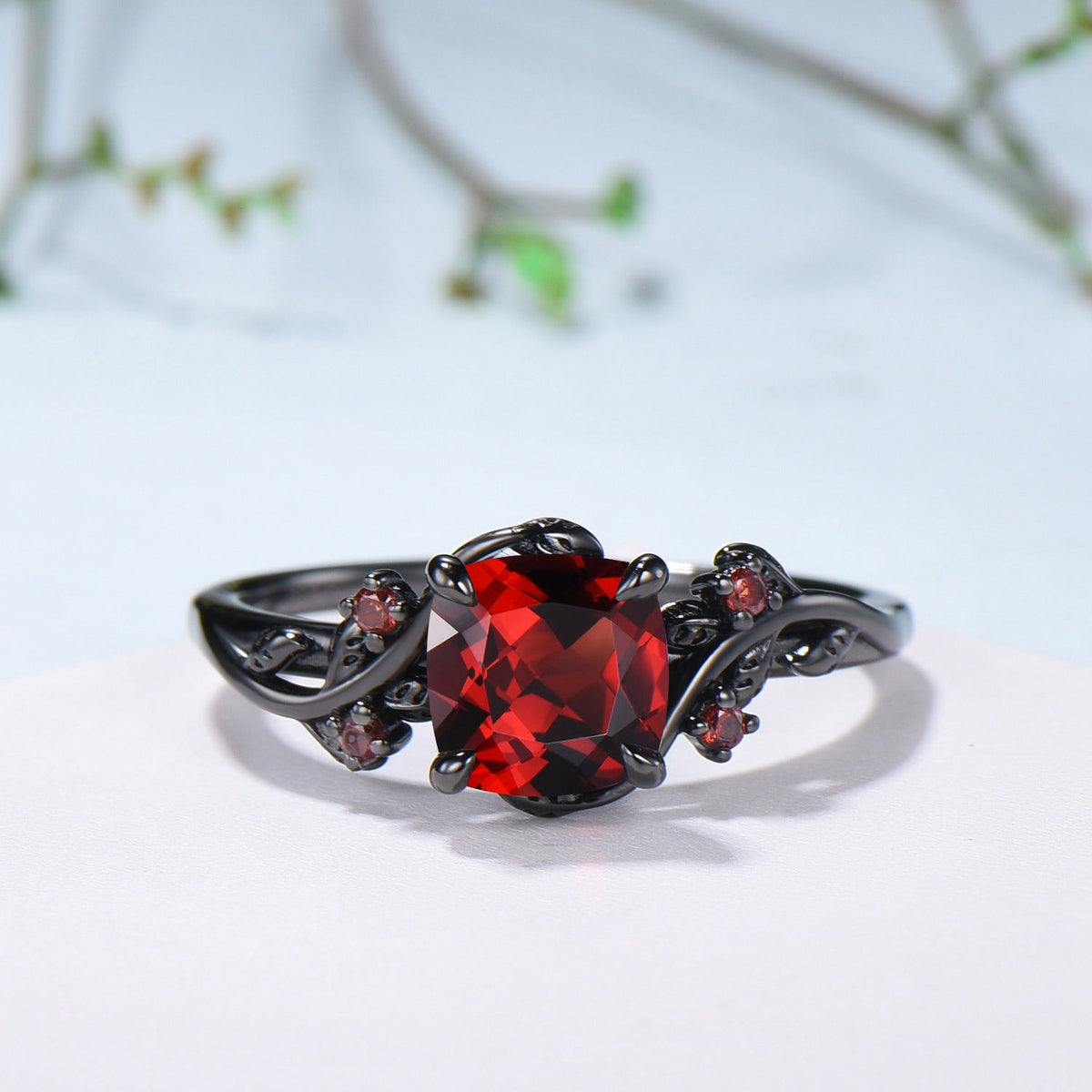 Unique gothic cushion cut garnet wedding ring set black gold natural inspired January birthstone engagement ring for women 2pcs bridal set