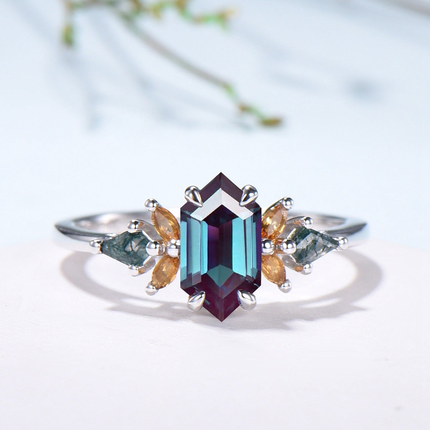 Vintage Elongated Hexagon Alexandrite Bridal Set with Citrine Moss Agate Cluster
