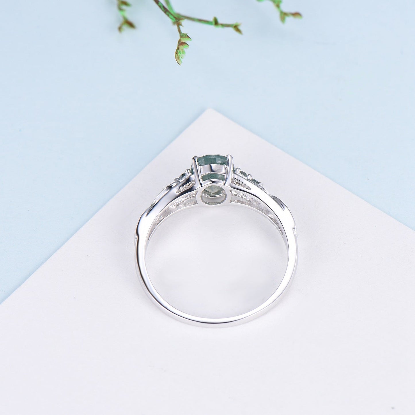 Celtic Knot Oval Natural Moss Agate Engagement Ring Solid 14K/18K White Gold Unique Infinity Ring Cluster Wedding Ring Anniversary gifts