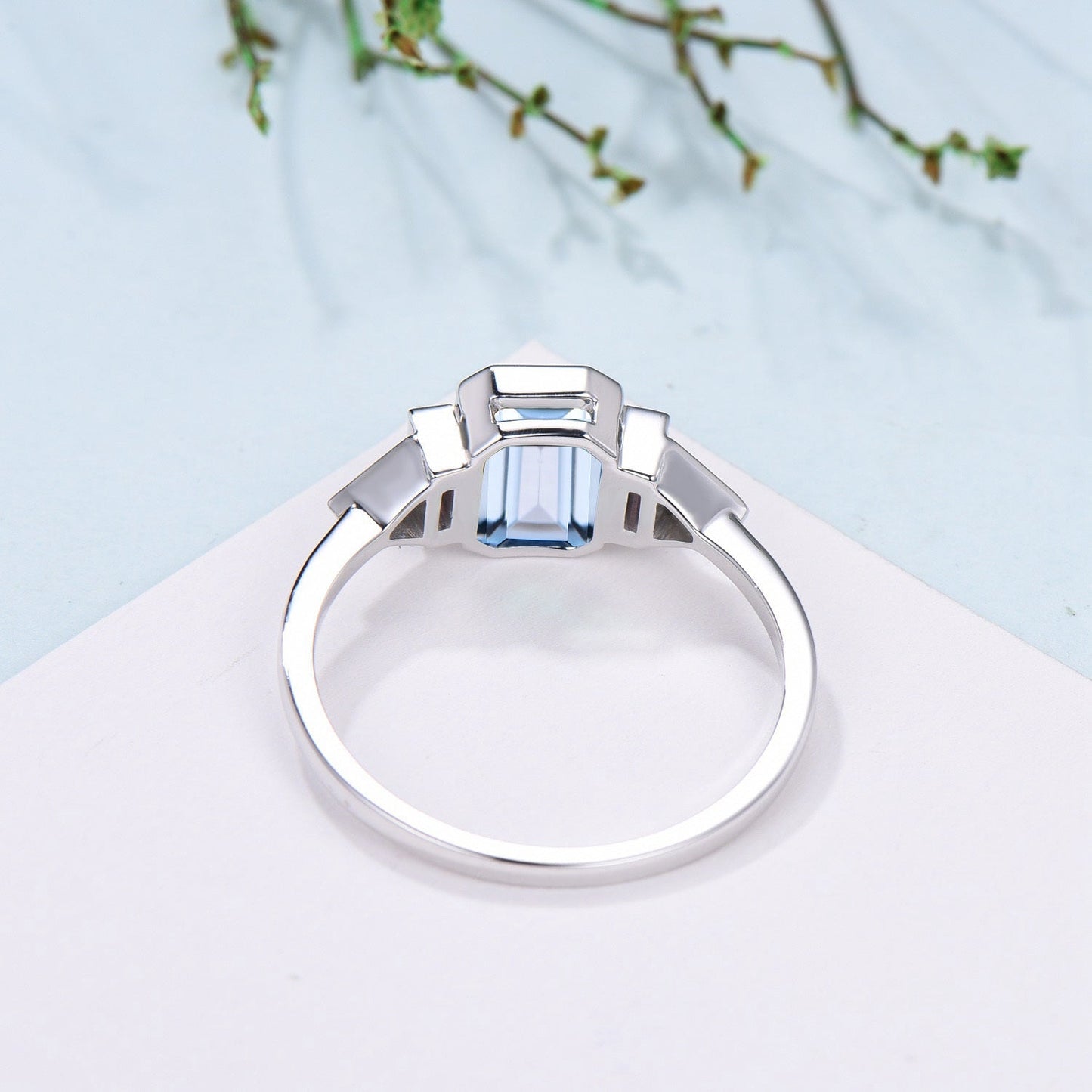 Bezel Set Emerald Cut Aquamarine Engagement Ring Five Stone Baguette Opal & Trillian Alexandrite Wedding Band