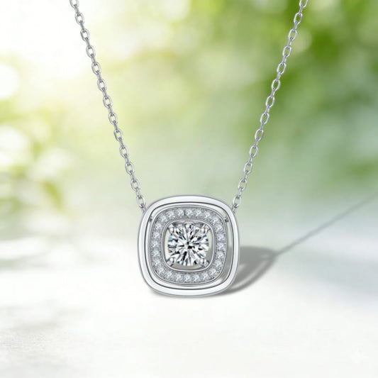 Vintage Moissanite Pendant Necklace for Women Cushion Double Halo