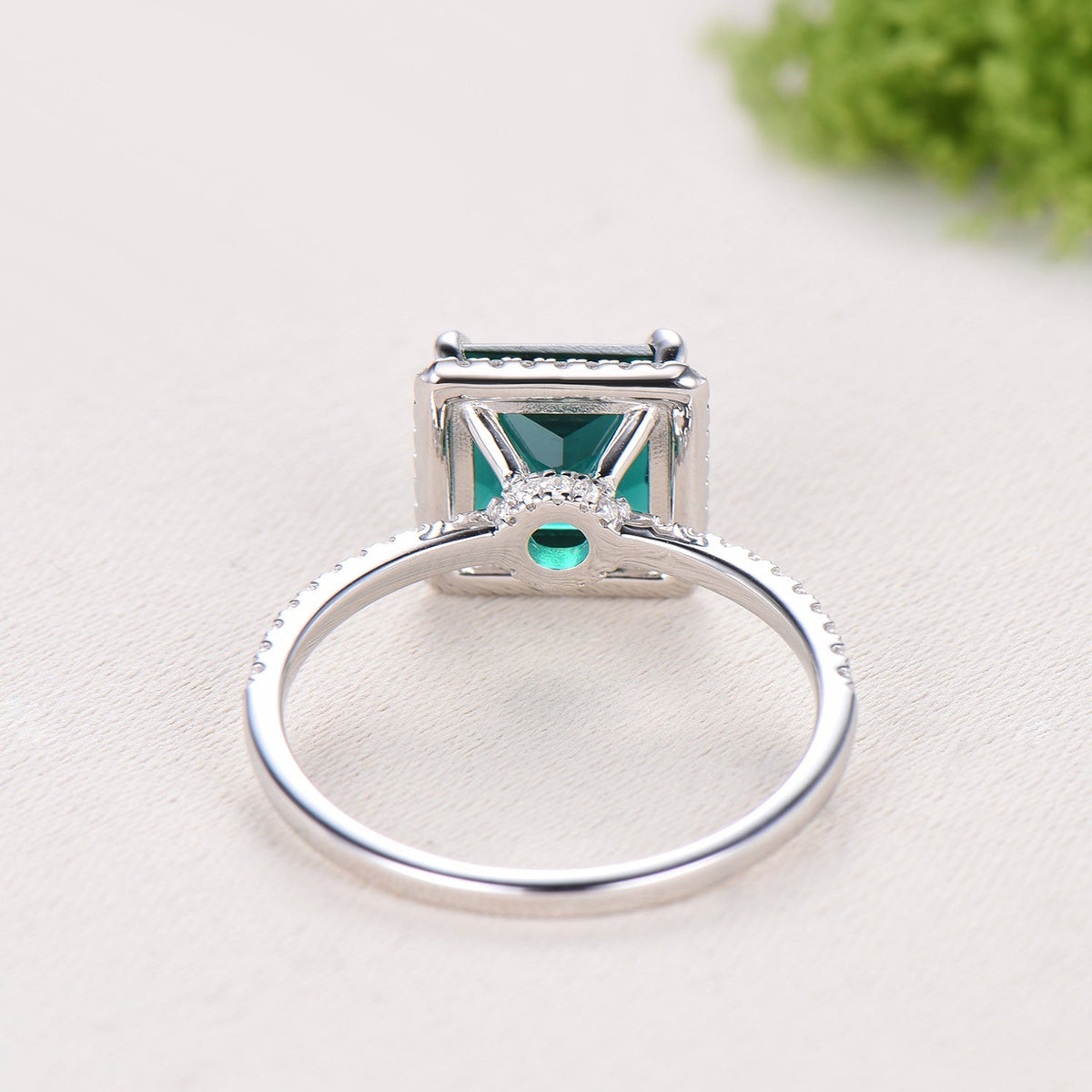 2.5 Carat Princess Cut  Emerald Halo Diamond Engagement Ring 14k White Gold Retro Basket Setting Wedding Bridal Set May Birthstone