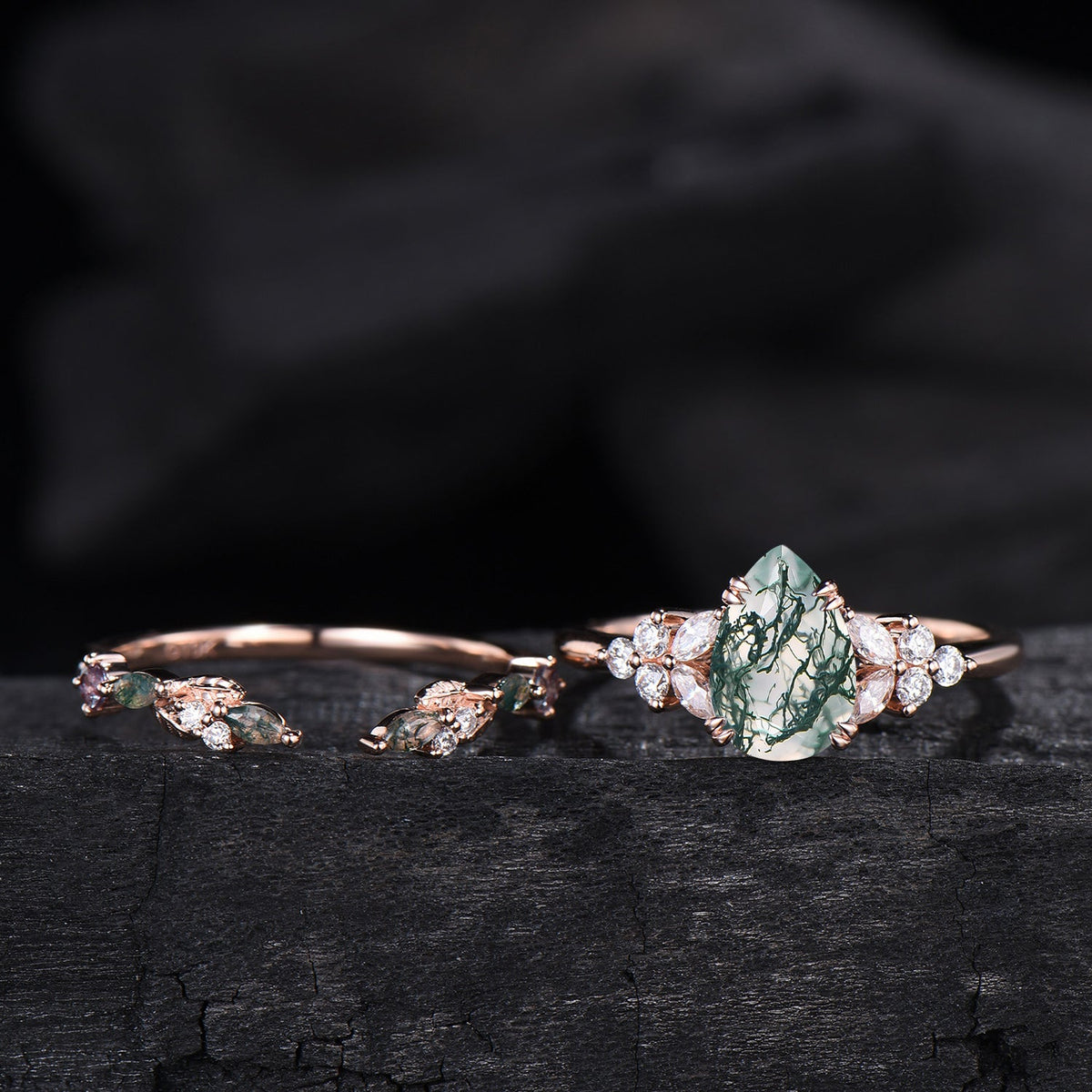 vintage pear shaped moss agate engagement ring floral 6x9mm green agate moissanite wedding set art deco leaf vine alexandrite stacking band