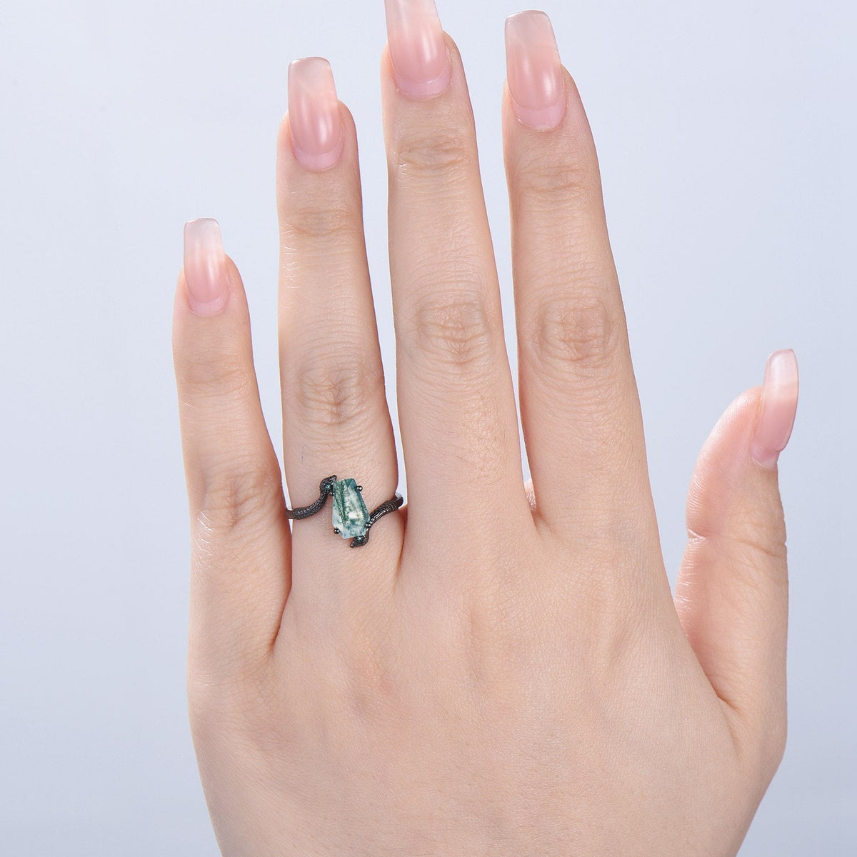 Unique Snake green moss agate engagement ring cold-blooded coffin shaped green stone three stone wedding ring women anniversary promise gift