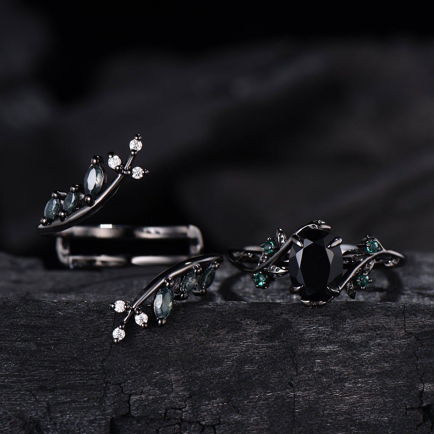 Unique gothic black gold onyx engagement ring set leaf nature inspired emerald wedding ring set twig vine marquise moss agate bridal set