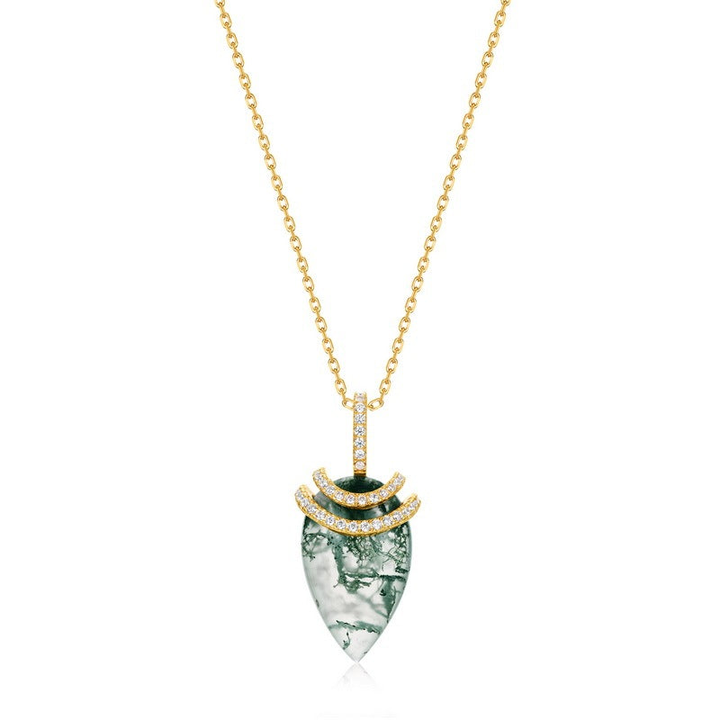Forest Spirit Moss Agate Teardrop Necklace with Sparkling Pavé Crescent Accents