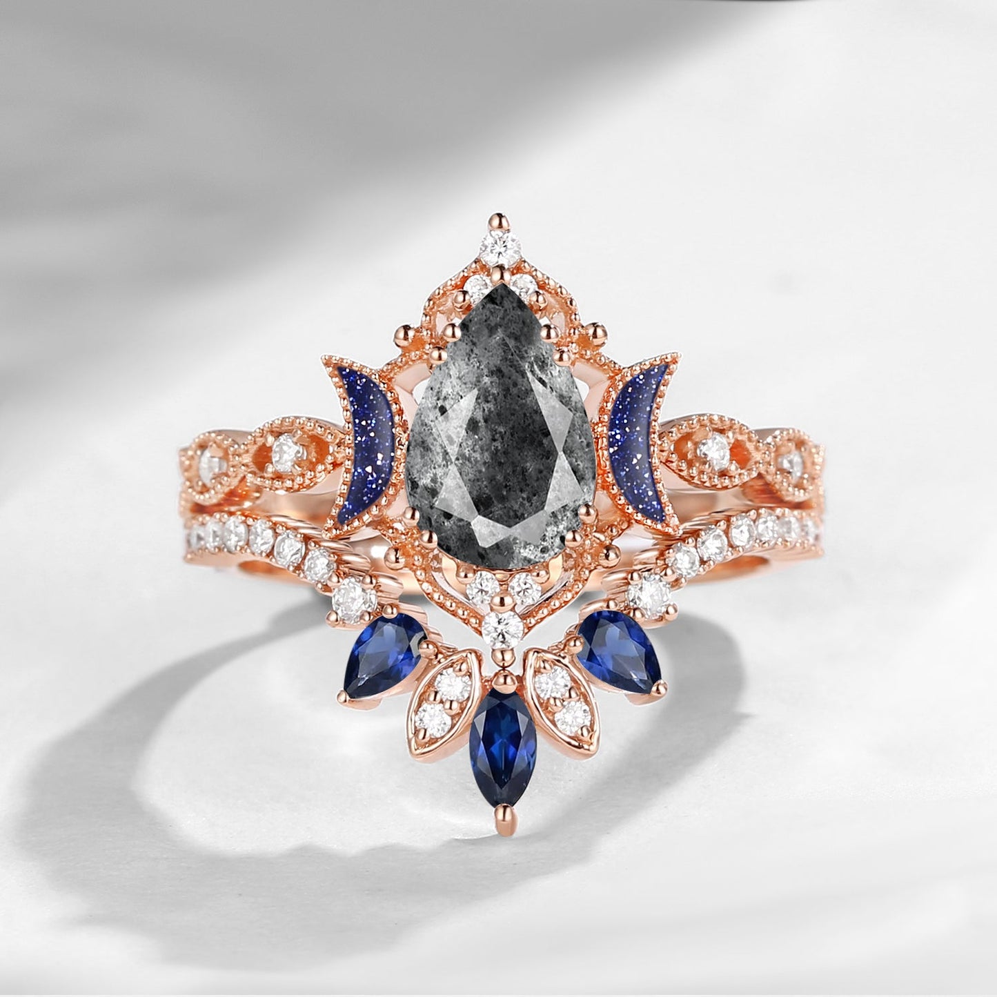 Crescent Moon | Blue Moon Inspired Pear Herkimer Diamond 'Ultra Galaxy' Engagement Ring Set 2pcs