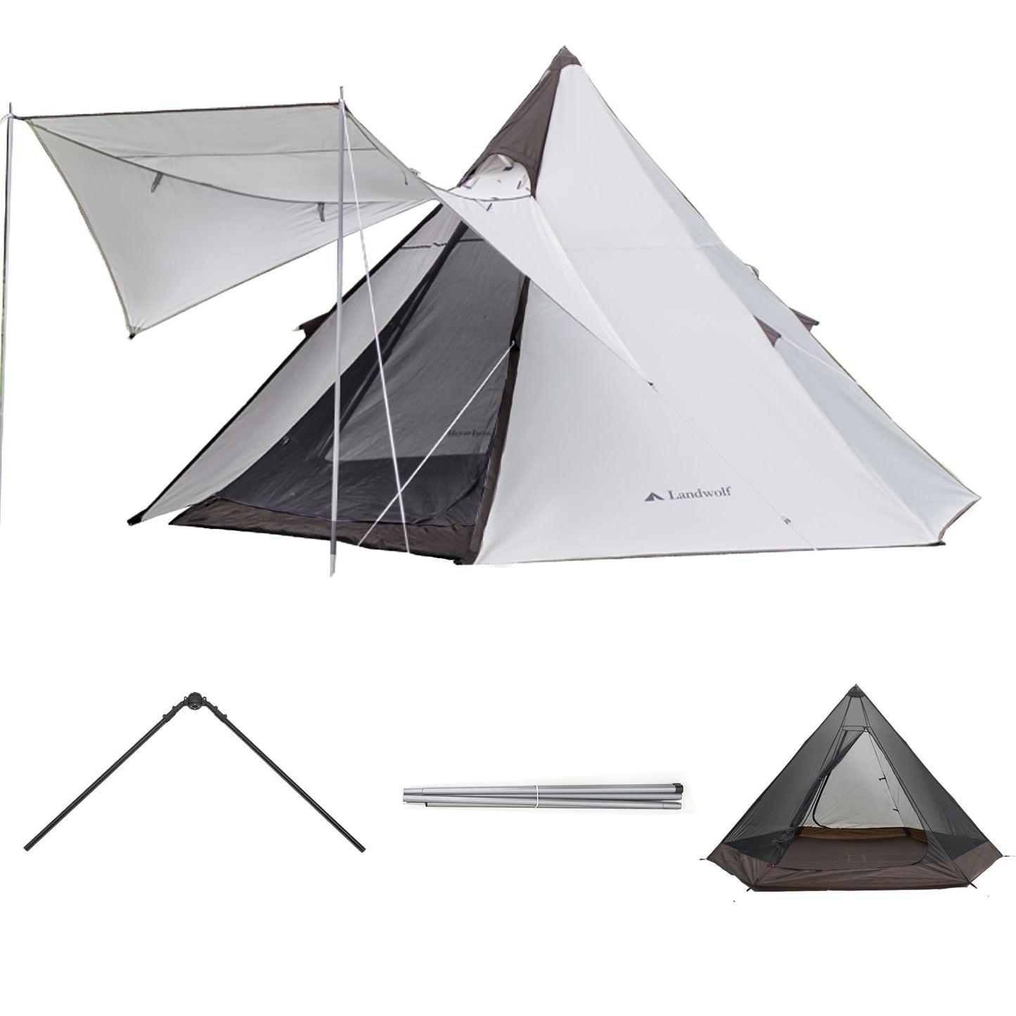 アウトドア キャンプ 二重構造 防雨型ピラミッド型荒野用インディアンスタイルテント センターポールなし シルバー