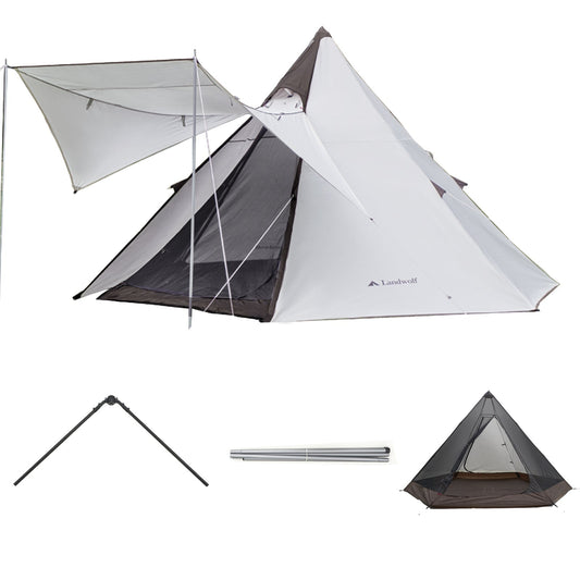 アウトドア キャンプ 二重構造 防雨型ピラミッド型荒野用インディアンスタイルテント センターポールなし シルバー