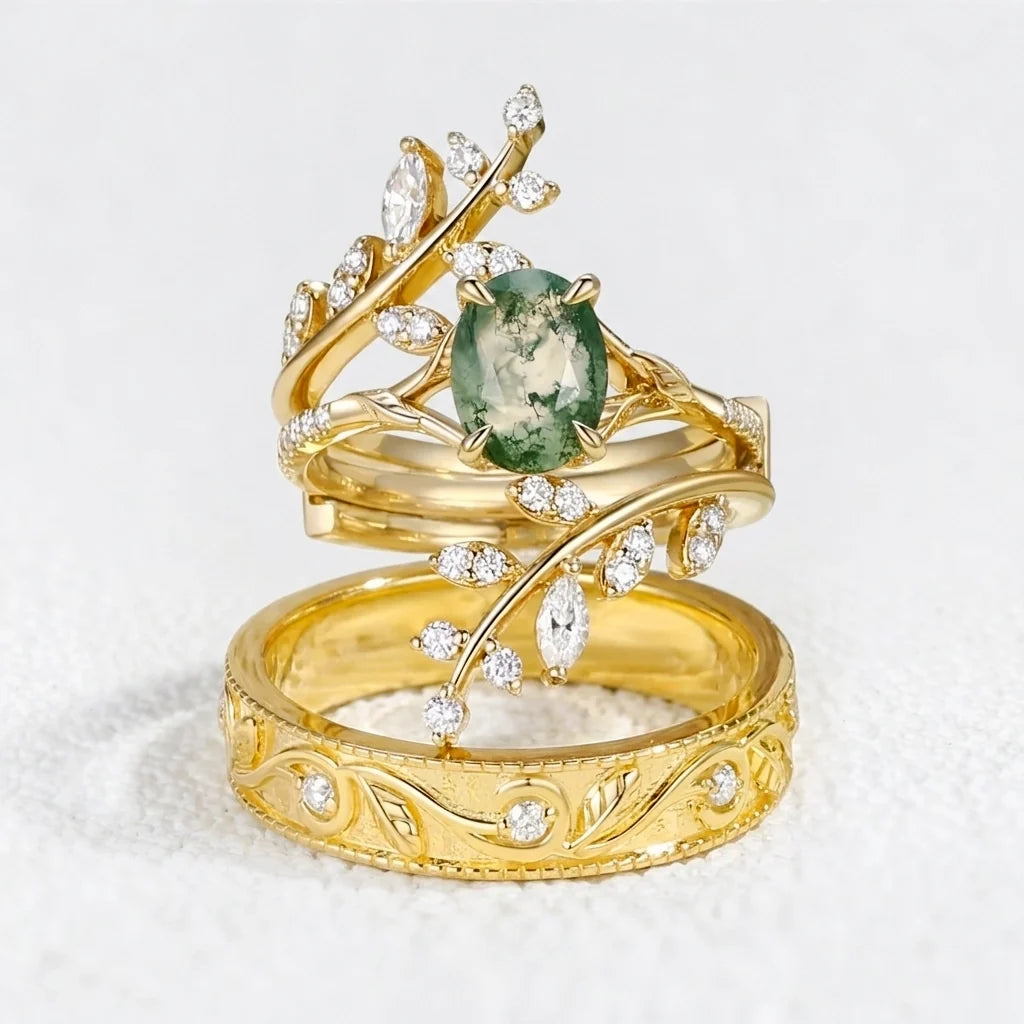 Flora’s Enclosure | Oval Moss Agate Cluster Couple Ring Set 3pcs