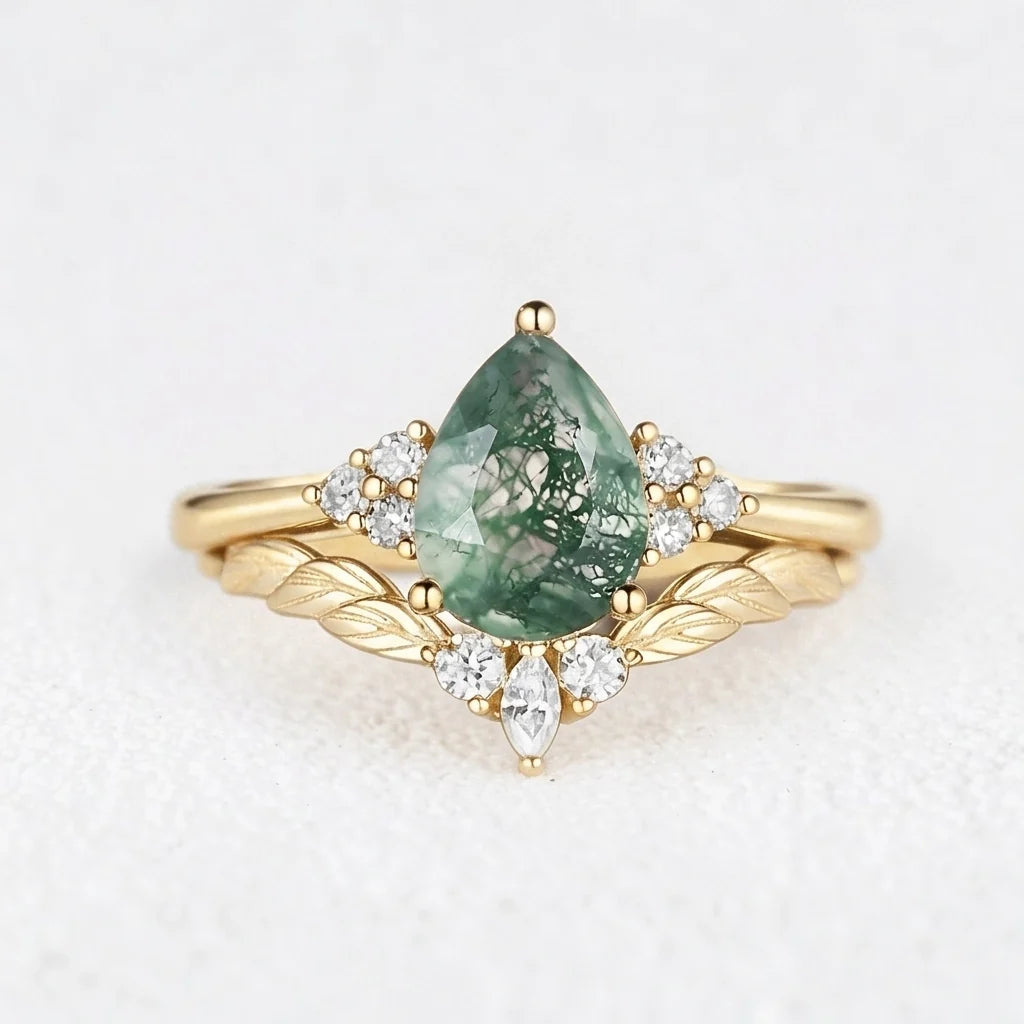 Mirabel’s Idyll | Unique Moss Agate Leaf Engagement Ring Set 2pcs