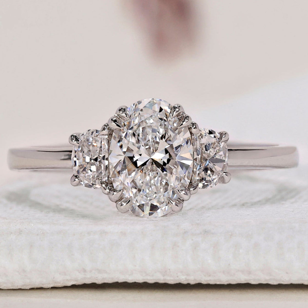 Oval and Half Moon 3 Stone Engagement Ring