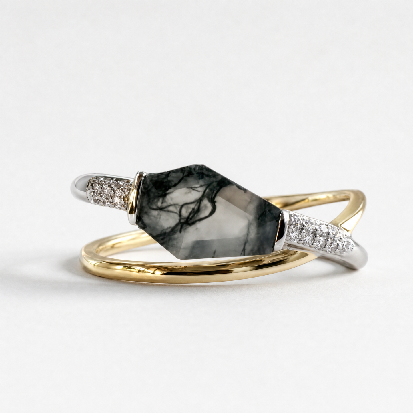 Coffin Cut Moss Agate Ring | 14K Two-Tone Gold
