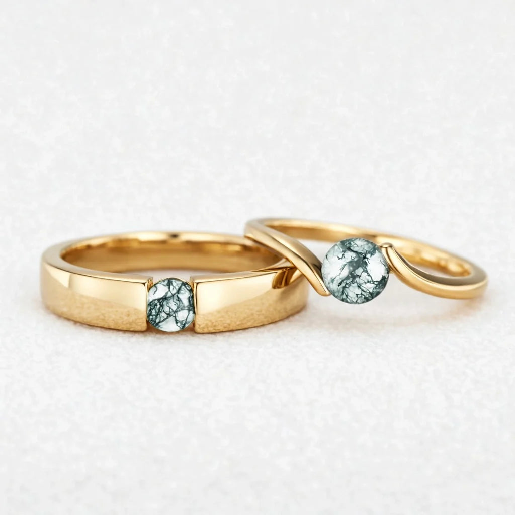 One Stone Duo | Round Moss Agate Couple Ring Set 2pcs